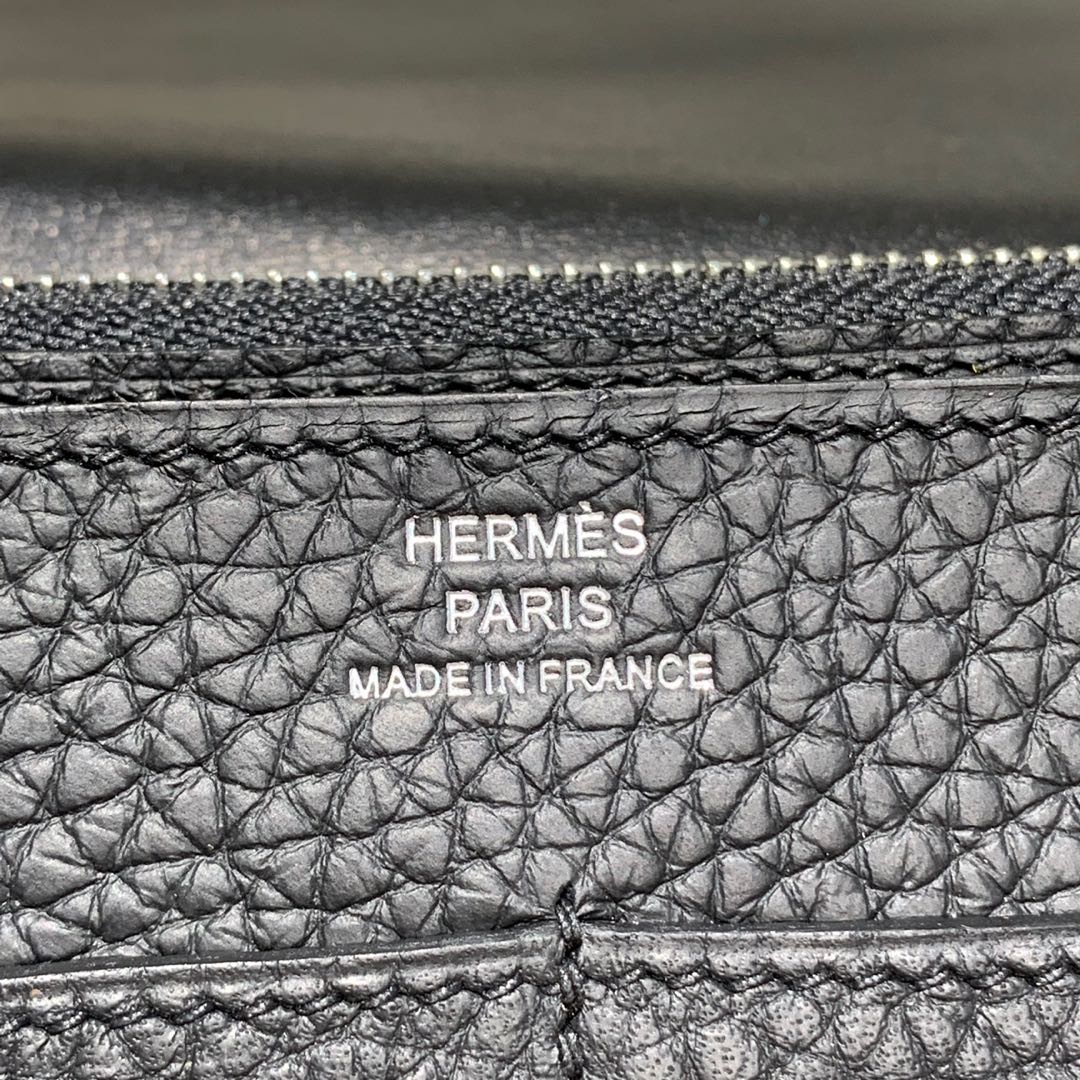 Hermes钱包批发 爱马仕黑色进口Togo牛皮Dogon手包护照夹 银扣
