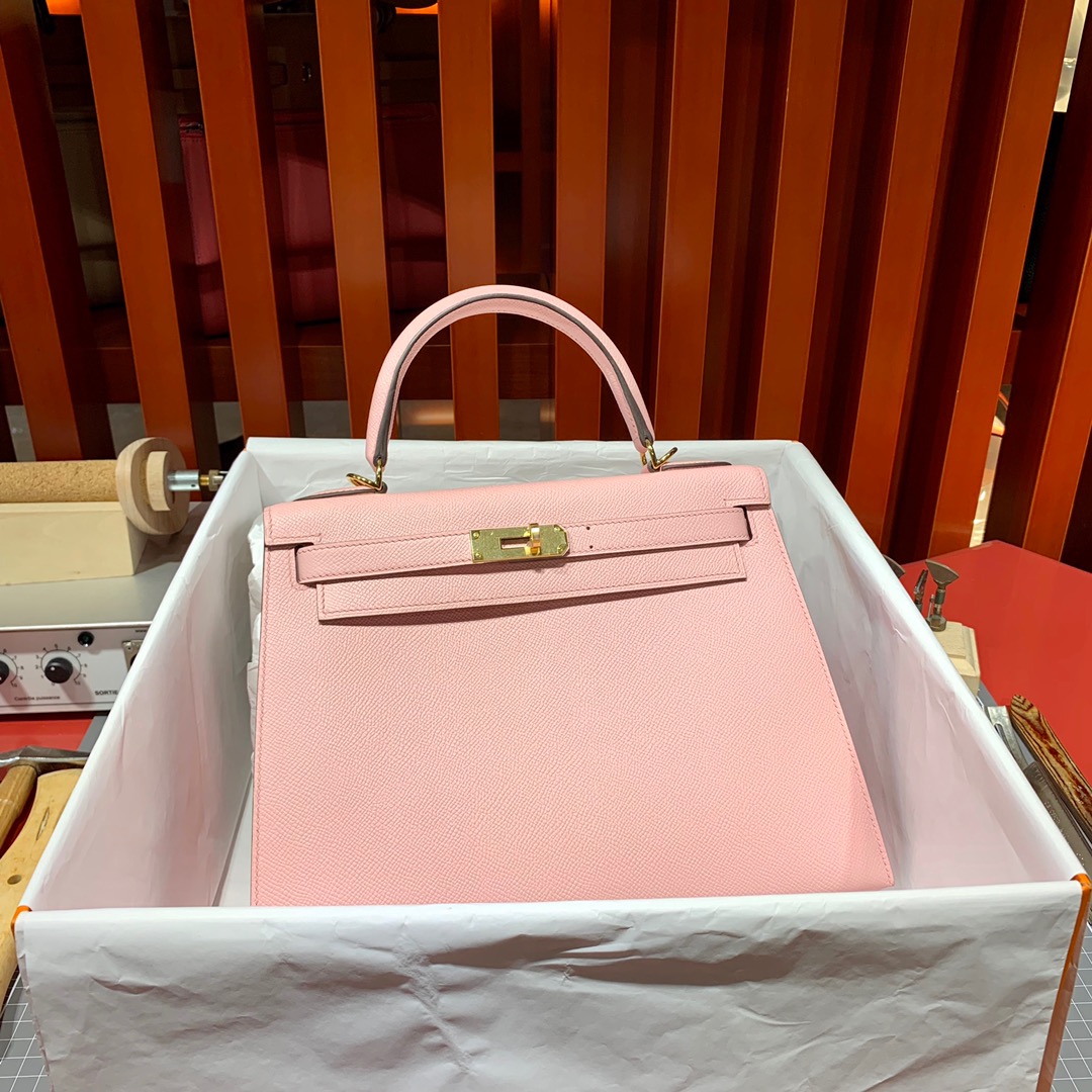 Hermes Kelly28CM 爱马仕3Q芭比粉掌纹牛皮外缝凯莉包 金扣