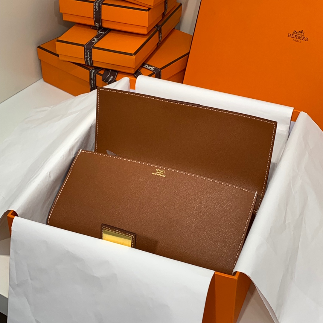现货 爱马仕CDC手包 Hermes Medor Clutch金棕色Swift牛皮手包 金扣