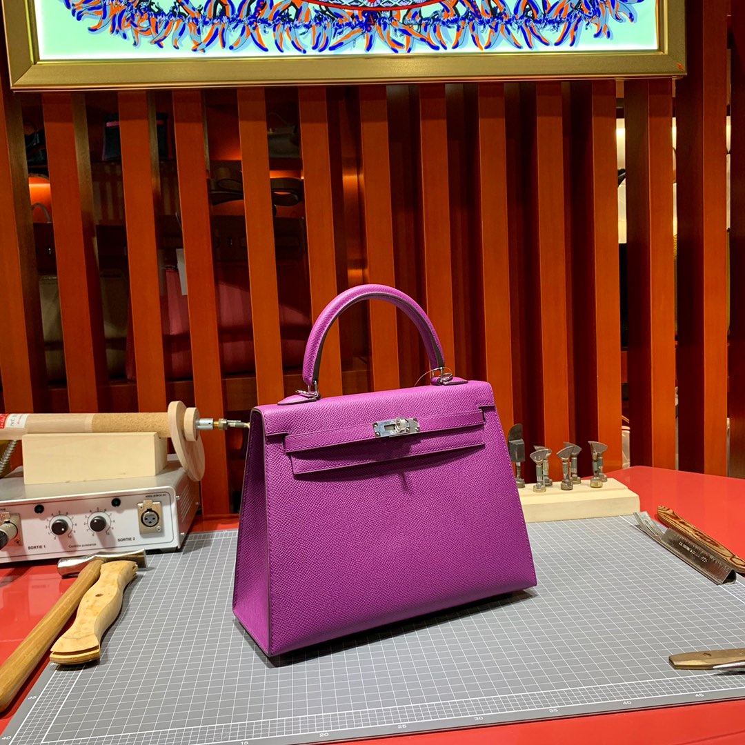 爱马仕凯莉包尺寸 Hermes Kelly25cm P9海葵紫Epsom皮 金银扣