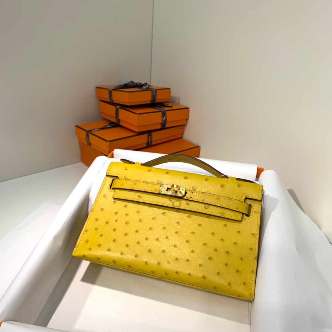 爱马仕迷你凯莉包价格 Hermes Minikelly22CM 琥珀黄进口鸵鸟皮 金扣