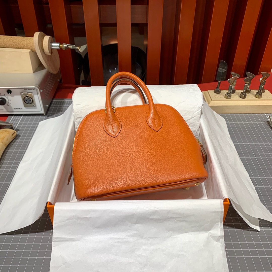 爱马仕新款女包 Hermes Mini Bolide18CM 橙色山羊皮迷你保龄球包 金扣