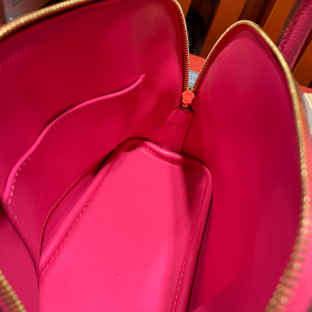 现货 Hermes Mini Bolide18CM 爱马仕玫红色进口山羊皮迷你保龄球包 金扣