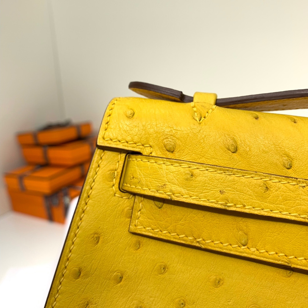 Hermes Minikelly Pochette22CM 爱马仕琥珀黄顶级鸵鸟皮迷你凯莉包 金扣