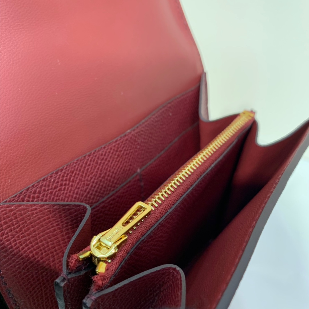 现货 Hermes Constance钱夹 爱马仕Epsom牛皮康斯坦钱包卡包 酒红色 金扣