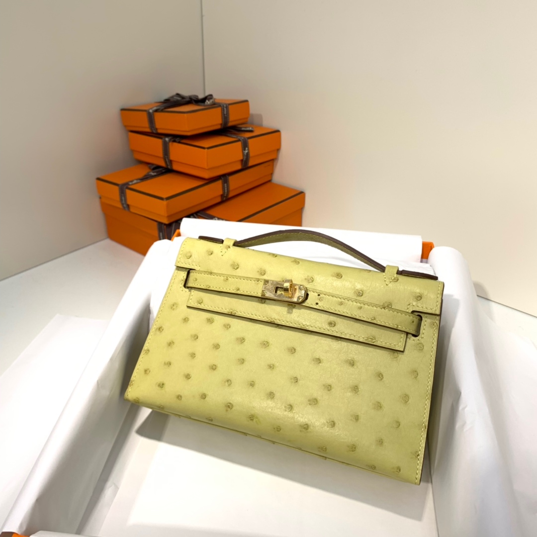 现货 爱马仕迷你凯莉包 Hermes Minikelly22CM 小鸡黄进口鸵鸟皮 金扣