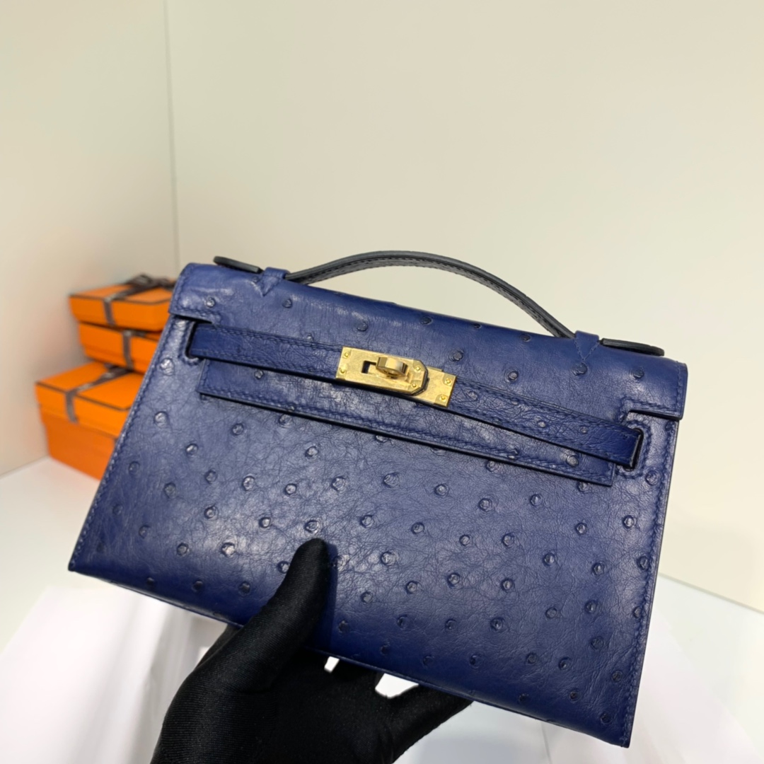 爱马仕女包价格 Hermes Minikelly22CM迷你凯莉包 宝石蓝鸵鸟皮 金扣