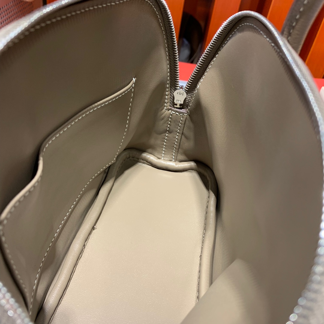 爱马仕迷你保龄球包 Hermes大象灰山羊皮Mini Bolide18CM 白线 银扣
