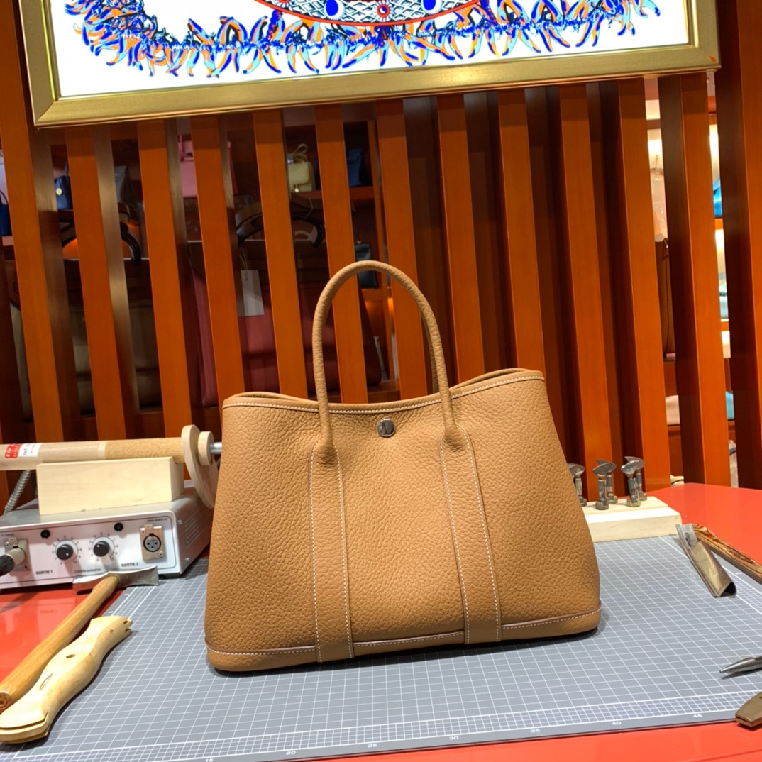 现货 Hermes Garden Party30cm 爱马仕土黄色Country皮花园包 银扣