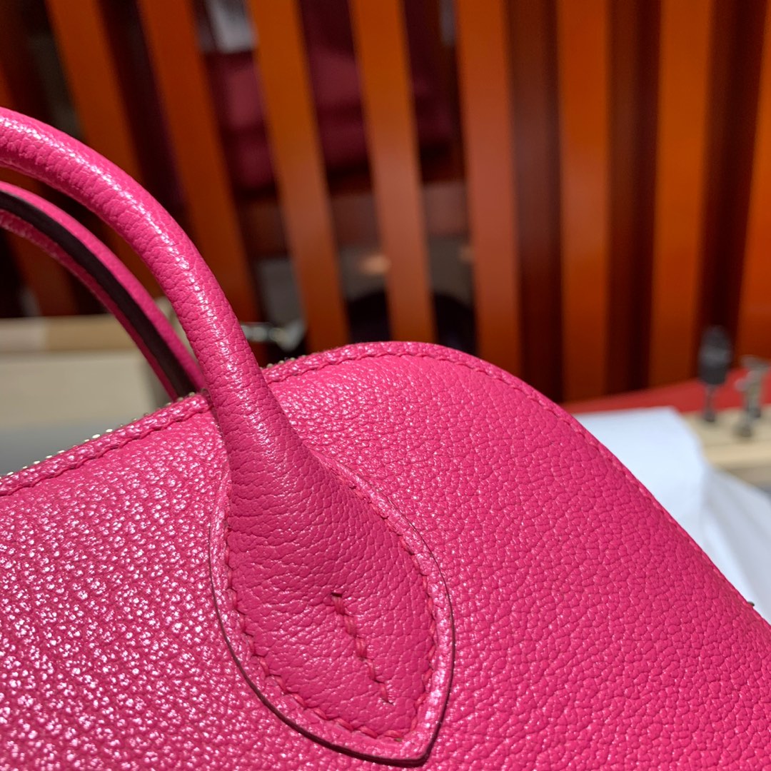 现货 Hermes Mini Bolide18CM 爱马仕玫红色进口山羊皮迷你保龄球包 金扣