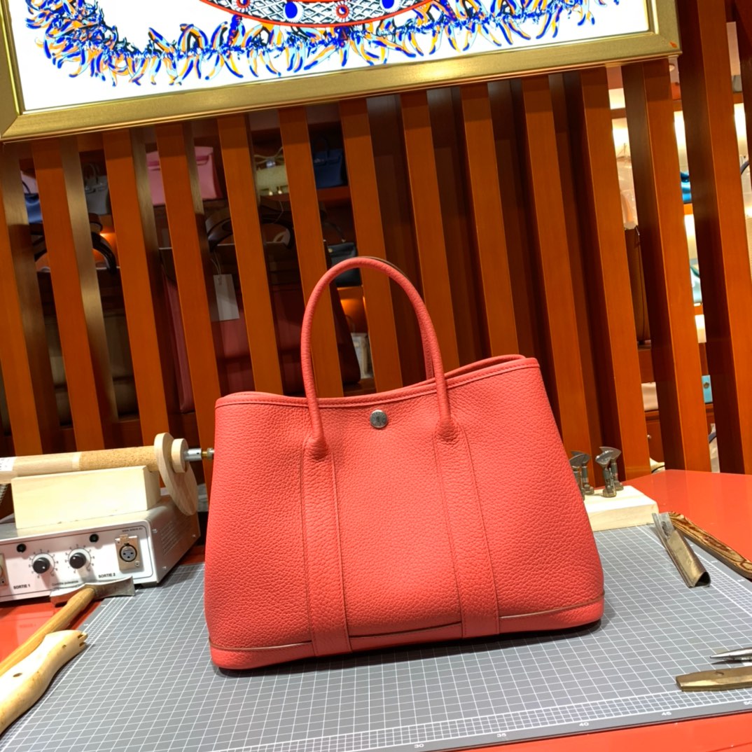 现货 爱马仕手提包 Hermes Garden Party30CM 唇膏粉Country皮花园包 银扣