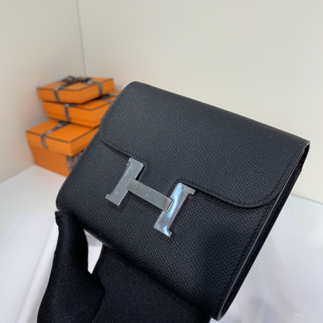Hermes钱包批发 爱马仕原厂掌纹牛皮康斯坦短款钱夹H扣 黑色 银扣