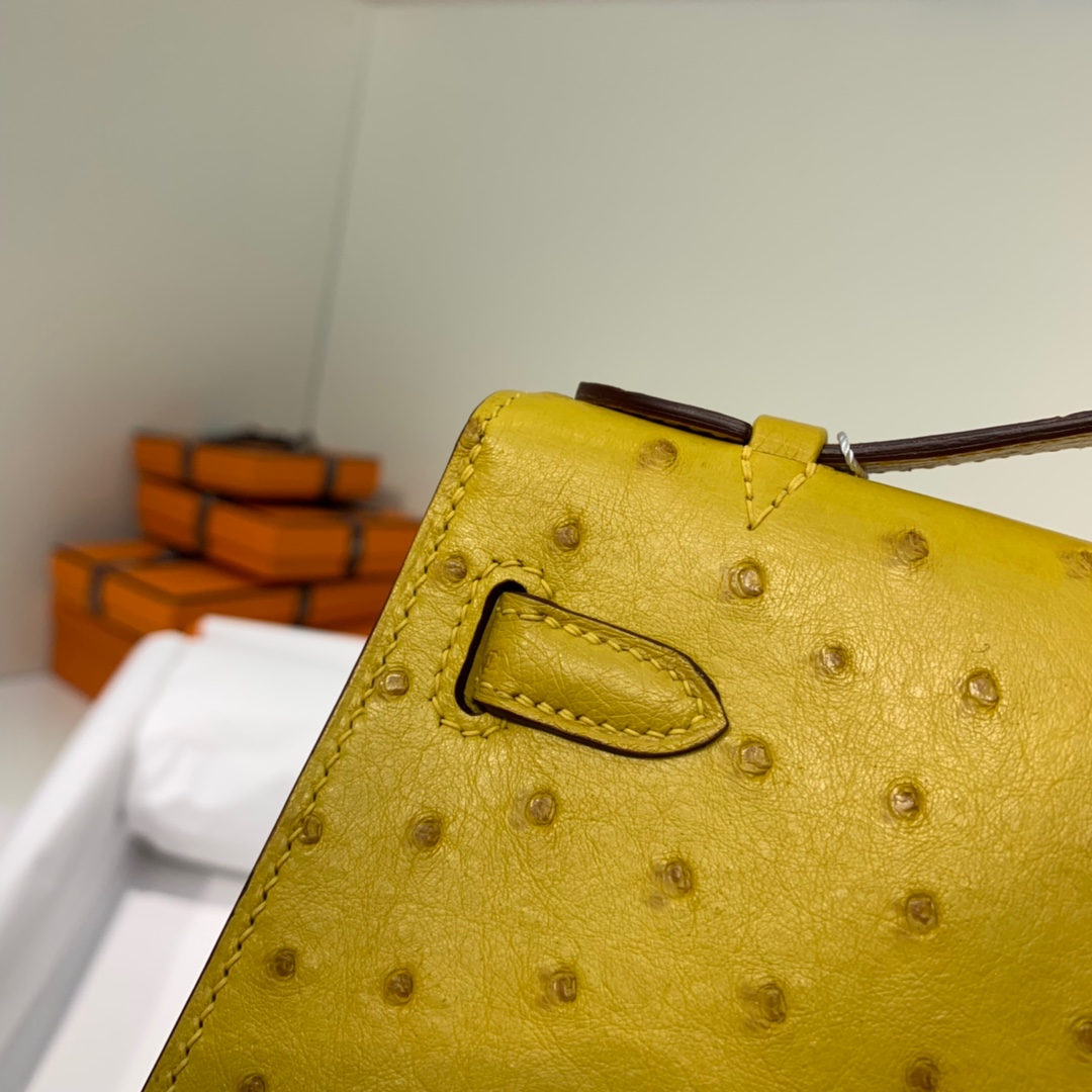 爱马仕迷你凯莉包价格 Hermes Minikelly22CM 琥珀黄进口鸵鸟皮 金扣