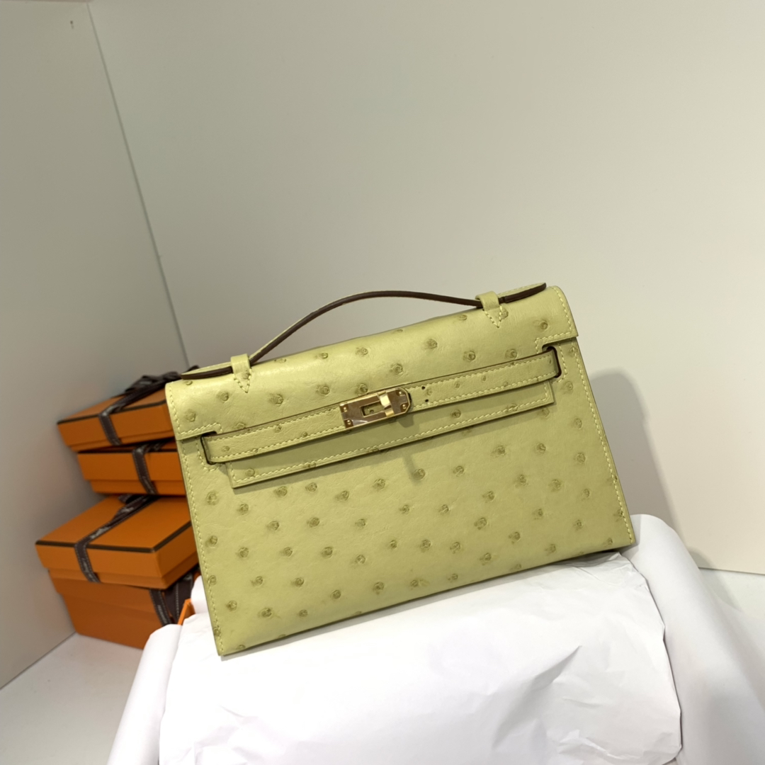 现货 爱马仕迷你凯莉包 Hermes Minikelly22CM 小鸡黄进口鸵鸟皮 金扣