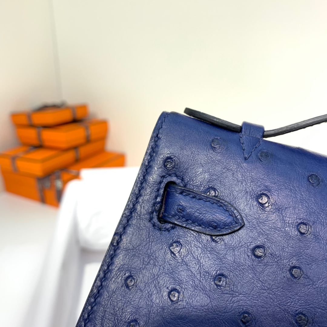 爱马仕女包价格 Hermes Minikelly22CM迷你凯莉包 宝石蓝鸵鸟皮 金扣