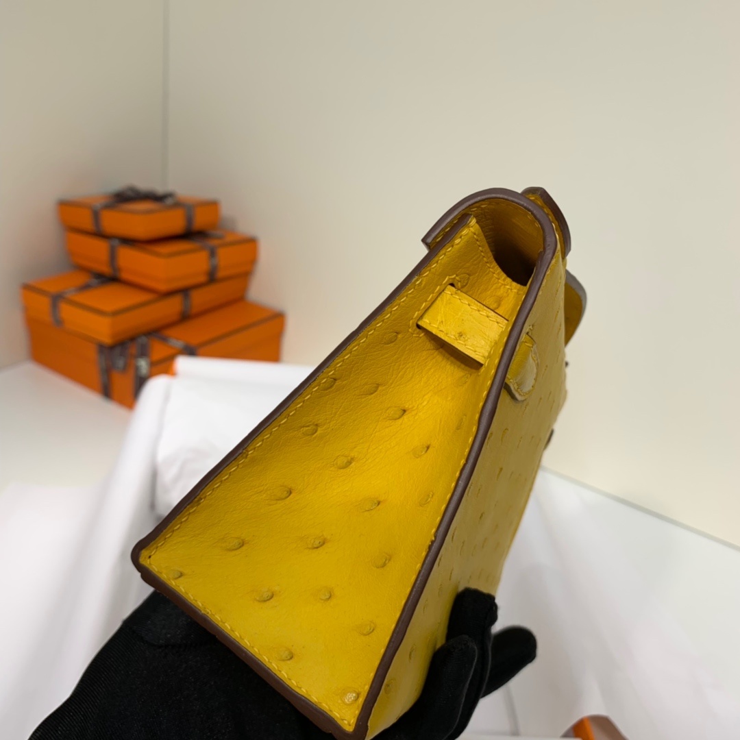 Hermes Minikelly Pochette22CM 爱马仕琥珀黄顶级鸵鸟皮迷你凯莉包 金扣