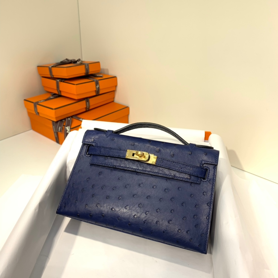 爱马仕女包价格 Hermes Minikelly22CM迷你凯莉包 宝石蓝鸵鸟皮 金扣