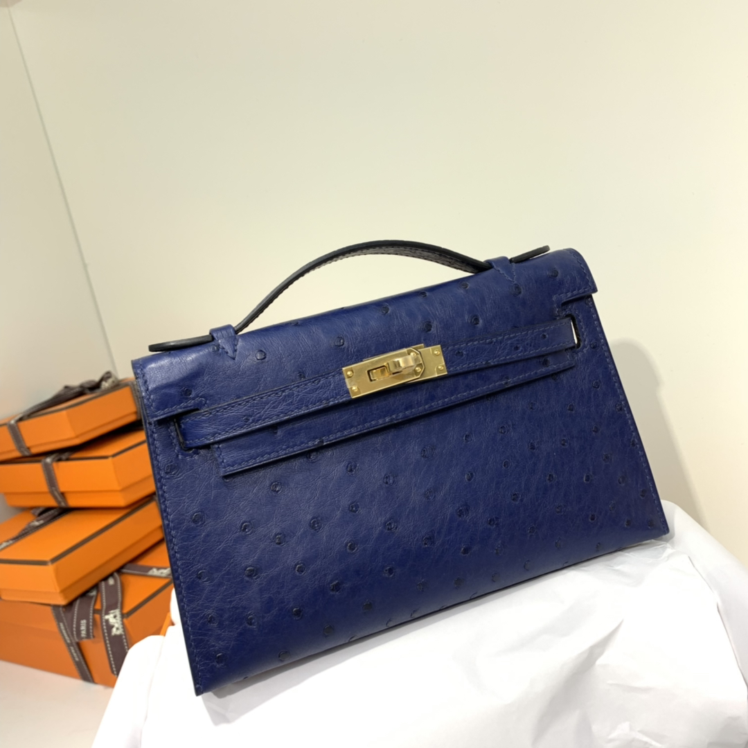 爱马仕女包价格 Hermes Minikelly22CM迷你凯莉包 宝石蓝鸵鸟皮 金扣