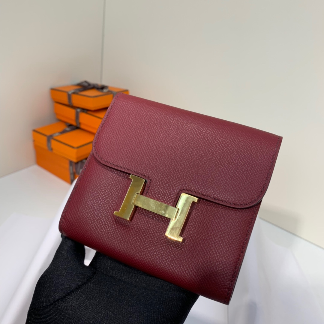 现货 Hermes Constance钱夹 爱马仕Epsom牛皮康斯坦钱包卡包 酒红色 金扣