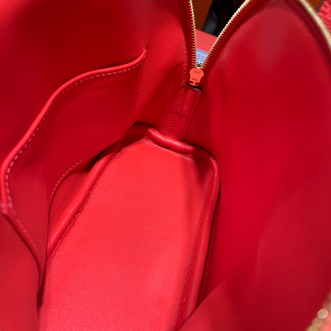 爱马仕女包价格 Hermes Mini Bolide18CM 西瓜红进口山羊皮保龄球包 金扣