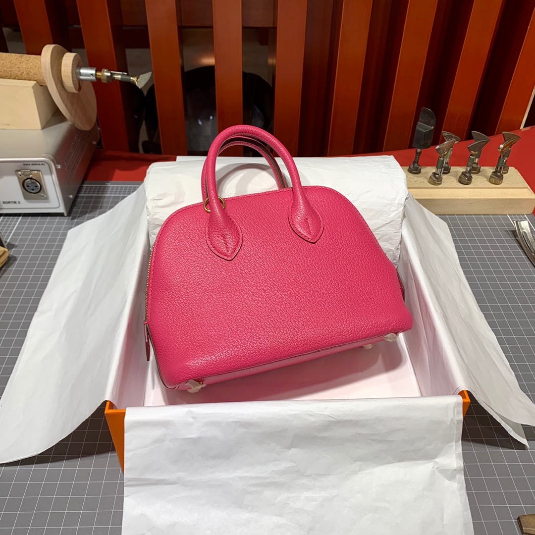 现货 Hermes Mini Bolide18CM 爱马仕玫红色进口山羊皮迷你保龄球包 金扣