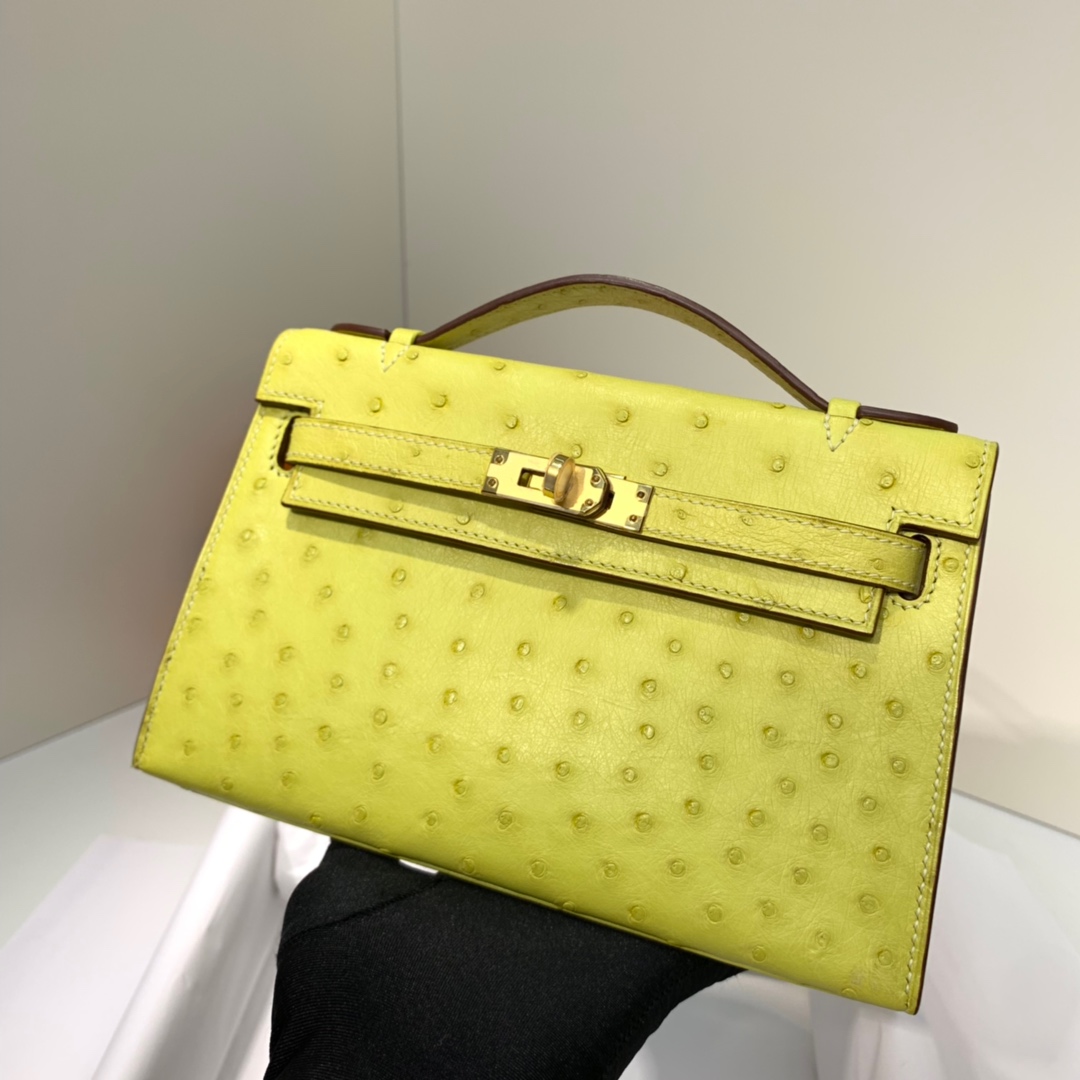 现货 爱马仕迷你凯莉包 Hermes Minikelly Pochette22CM 柠檬黄鸵鸟皮 金扣