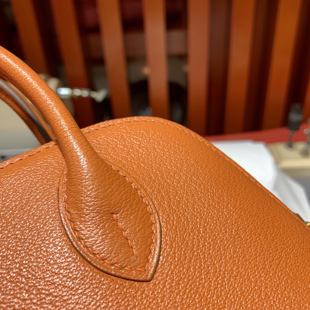 爱马仕新款女包 Hermes Mini Bolide18CM 橙色山羊皮迷你保龄球包 金扣