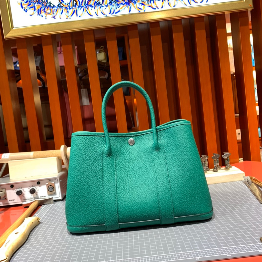 爱马仕花园包批发 Hermes Garden Party30cm 丝绒绿进口Country皮 银扣