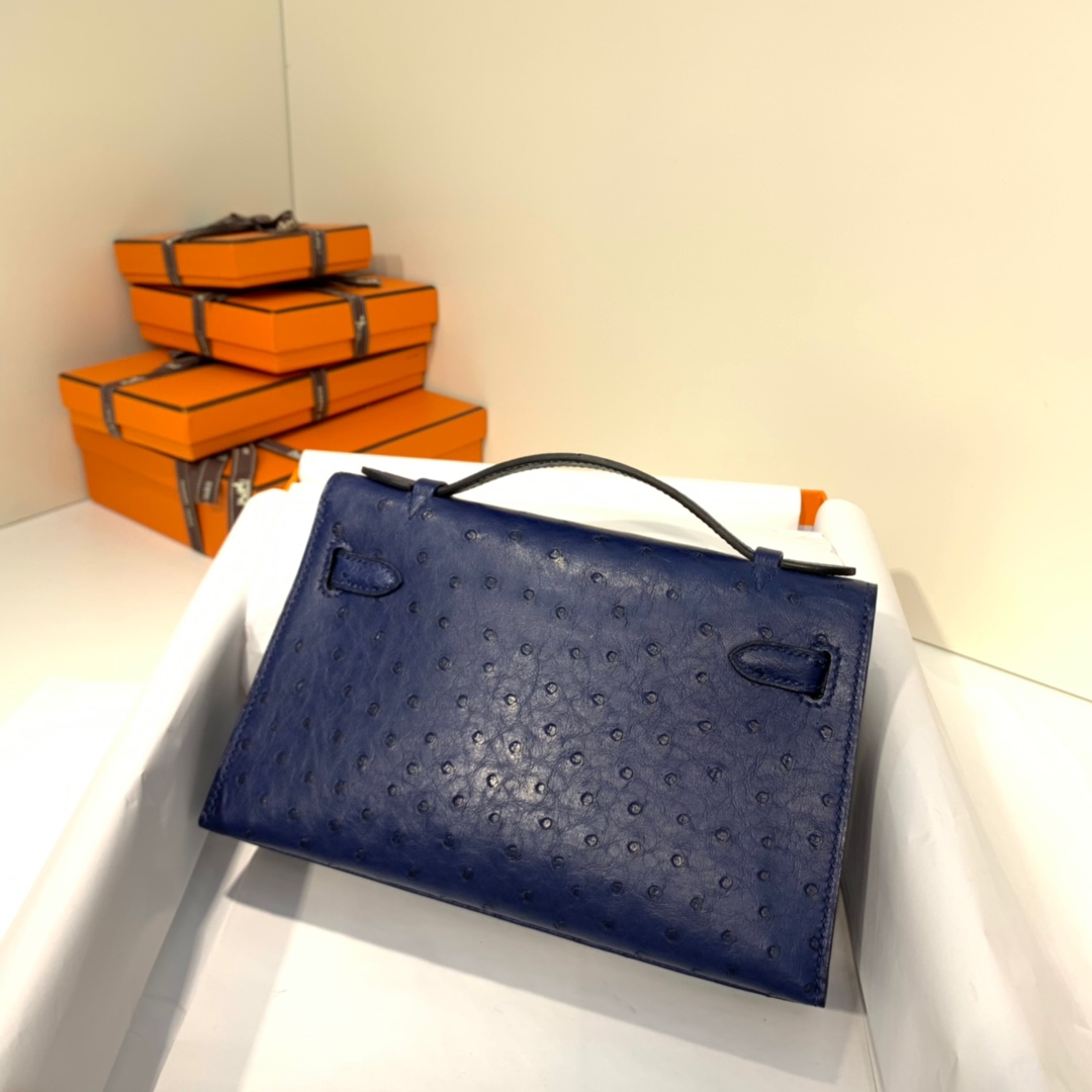 爱马仕女包价格 Hermes Minikelly22CM迷你凯莉包 宝石蓝鸵鸟皮 金扣