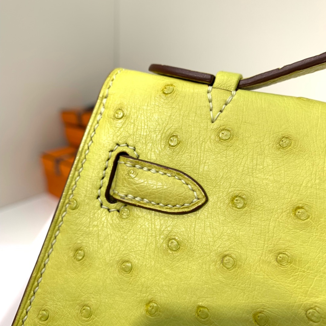 现货 爱马仕迷你凯莉包 Hermes Minikelly Pochette22CM 柠檬黄鸵鸟皮 金扣