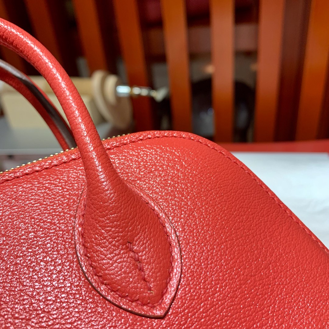 爱马仕女包价格 Hermes Mini Bolide18CM 西瓜红进口山羊皮保龄球包 金扣