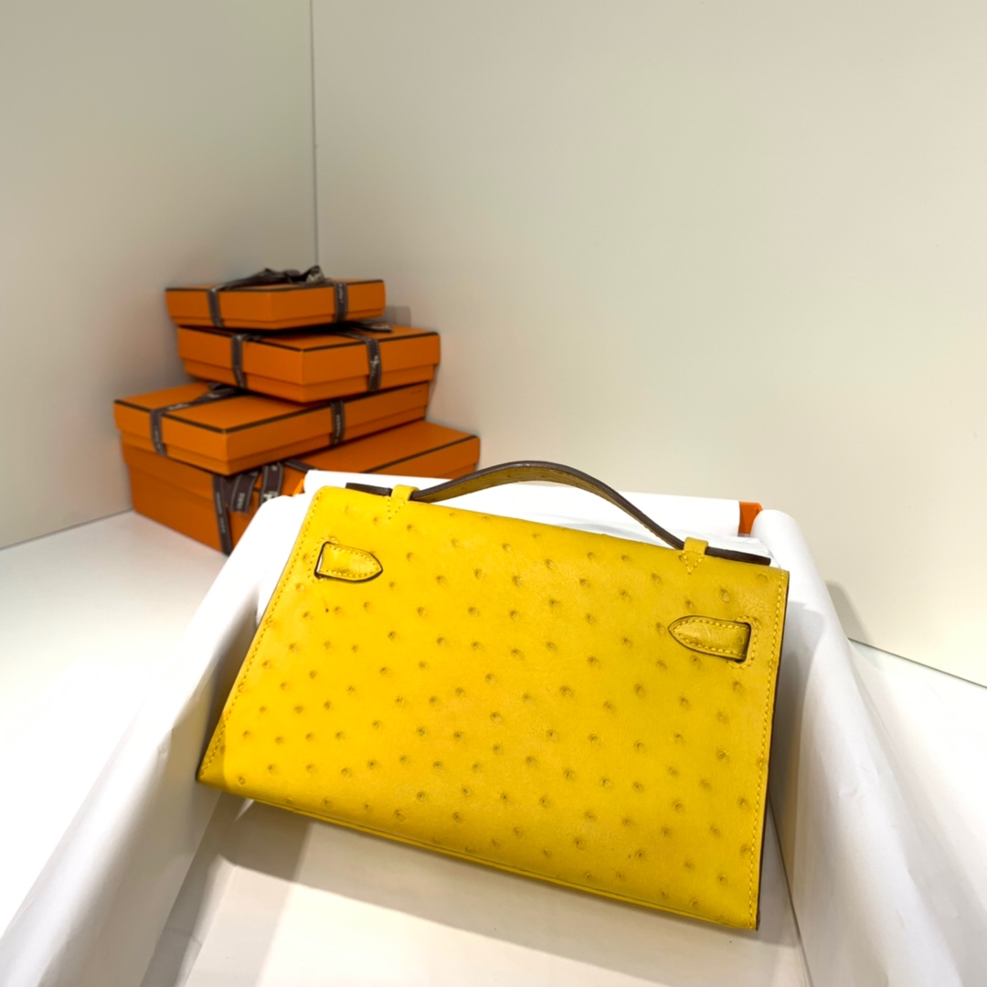 Hermes Minikelly Pochette22CM 爱马仕琥珀黄顶级鸵鸟皮迷你凯莉包 金扣
