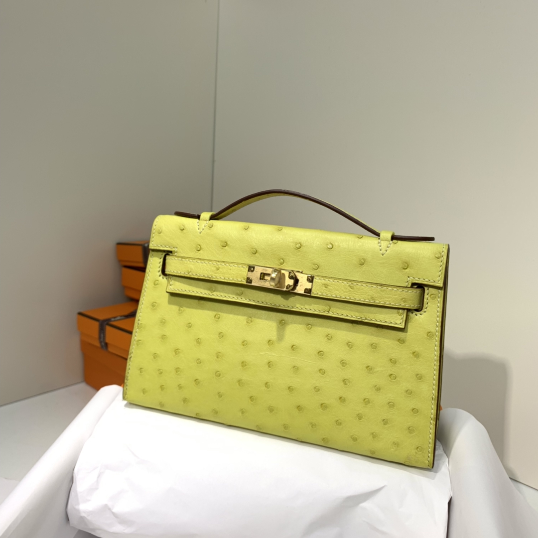 现货 爱马仕迷你凯莉包 Hermes Minikelly Pochette22CM 柠檬黄鸵鸟皮 金扣
