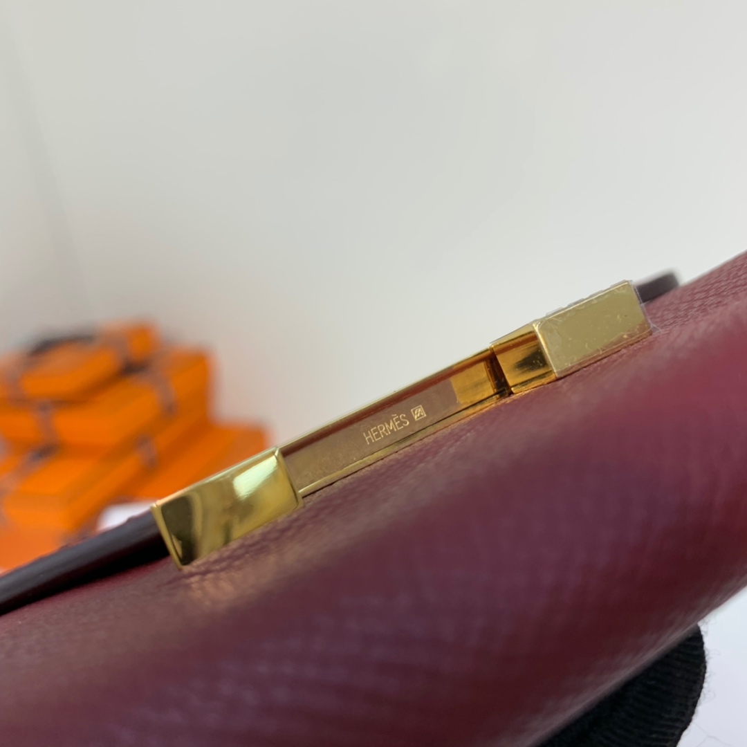 现货 Hermes Constance钱夹 爱马仕Epsom牛皮康斯坦钱包卡包 酒红色 金扣