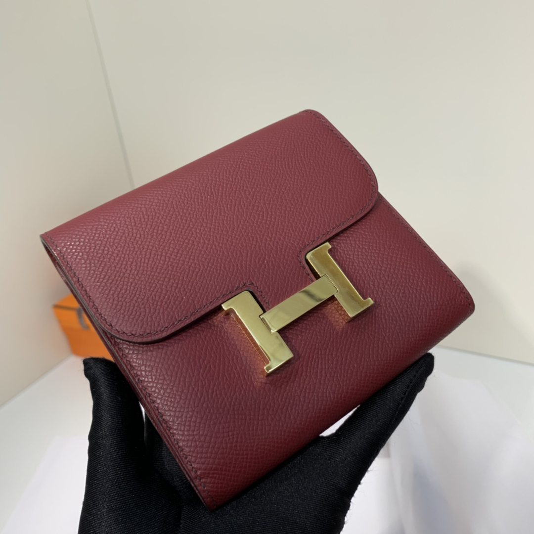 现货 Hermes Constance钱夹 爱马仕Epsom牛皮康斯坦钱包卡包 酒红色 金扣