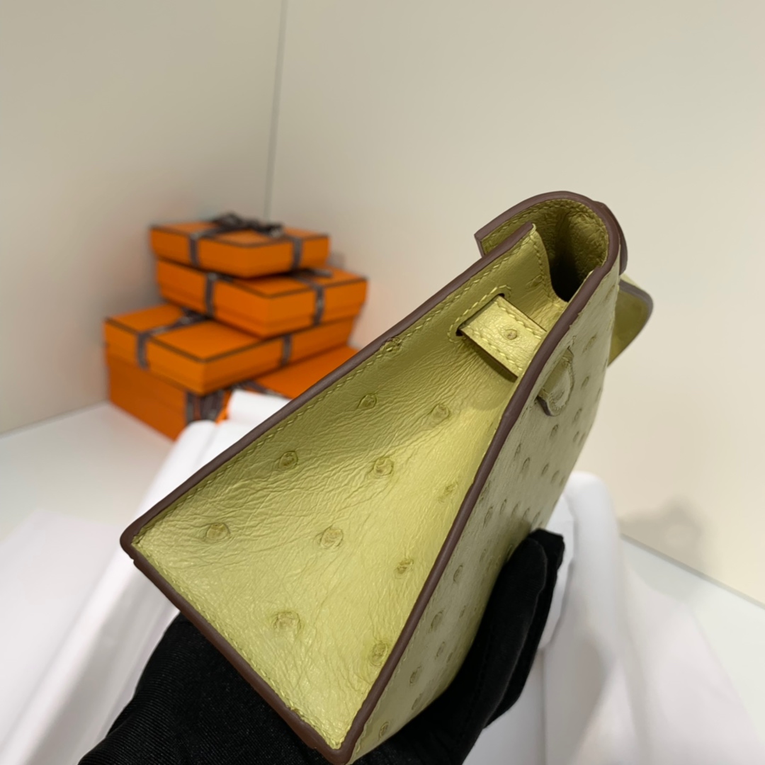 现货 爱马仕迷你凯莉包 Hermes Minikelly22CM 小鸡黄进口鸵鸟皮 金扣