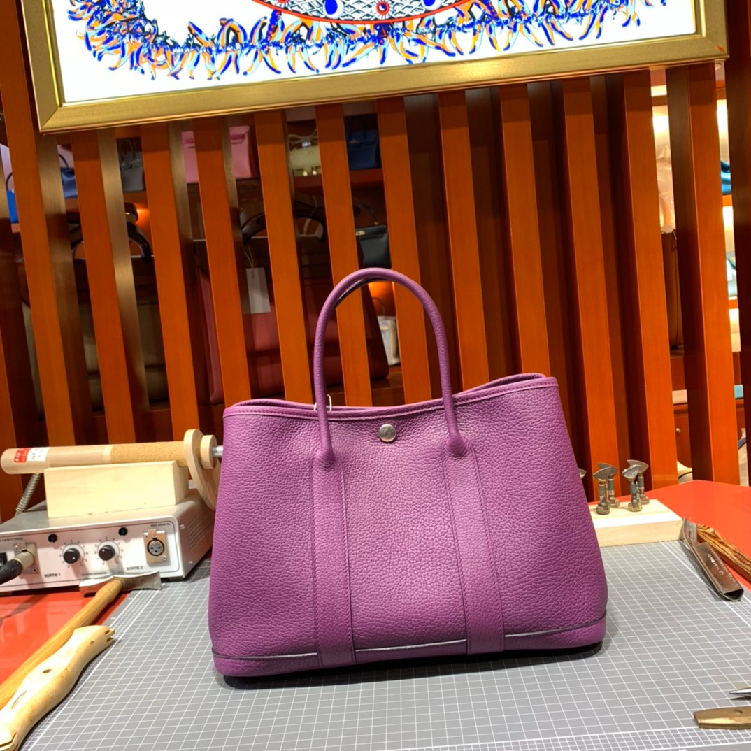 现货 Hermes Garden Party30cm 爱马仕海葵紫Negonda皮花园包 银扣