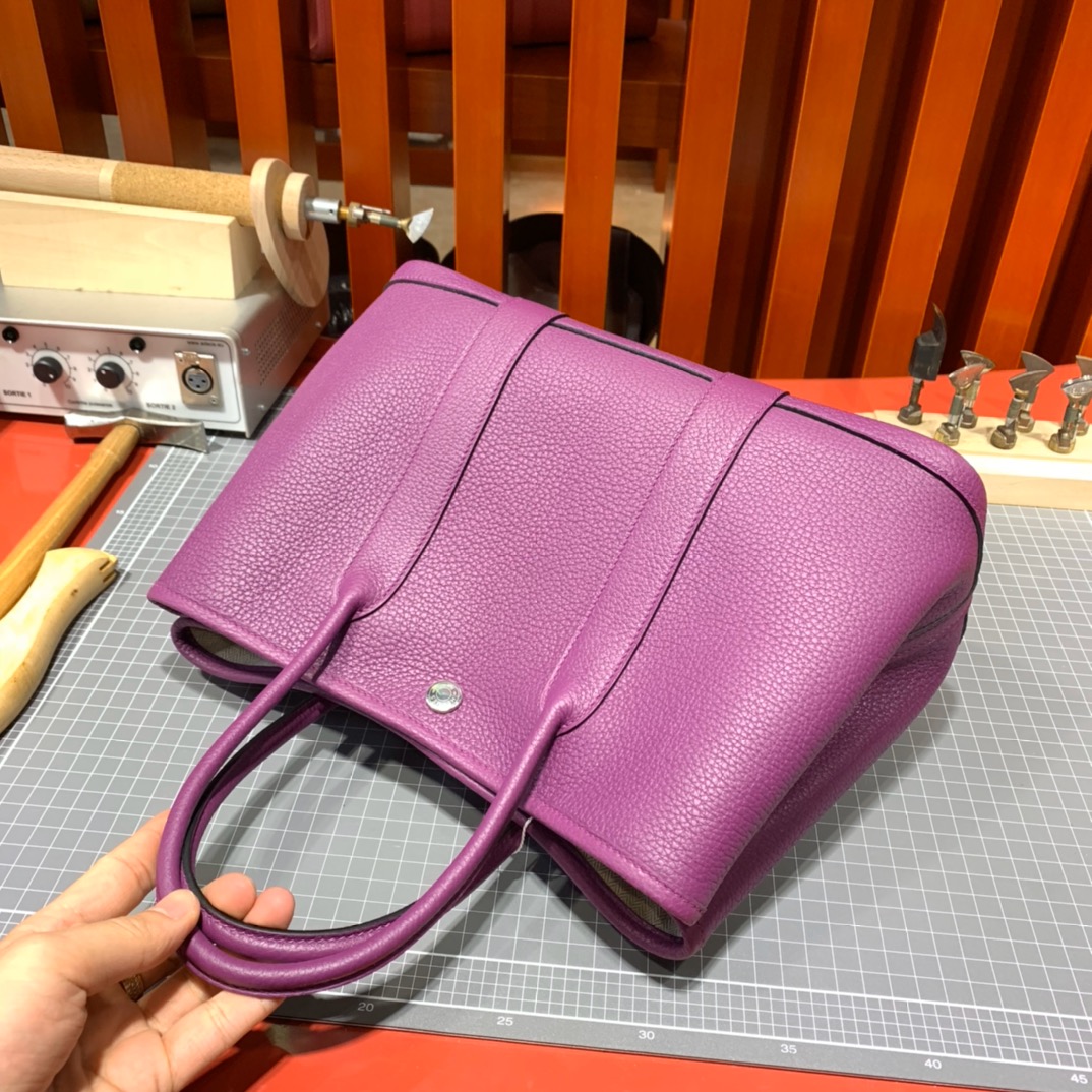 现货 Hermes Garden Party30cm 爱马仕海葵紫Negonda皮花园包 银扣