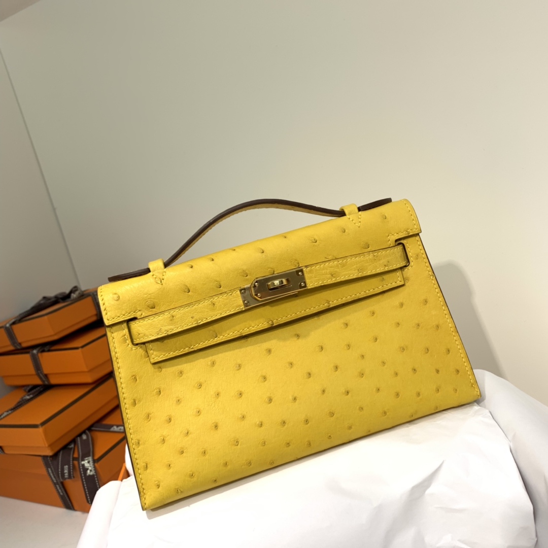 Hermes Minikelly Pochette22CM 爱马仕琥珀黄顶级鸵鸟皮迷你凯莉包 金扣