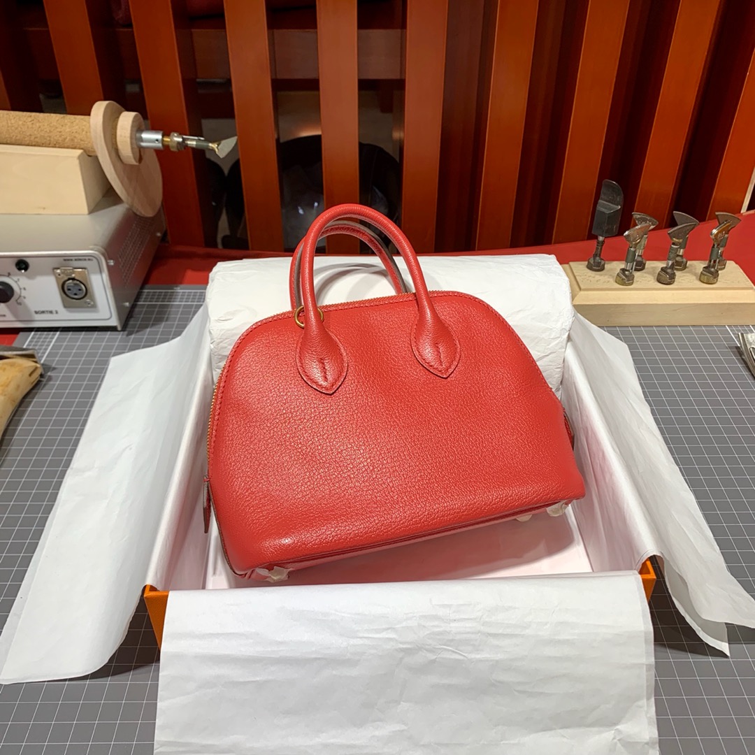 爱马仕女包价格 Hermes Mini Bolide18CM 西瓜红进口山羊皮保龄球包 金扣
