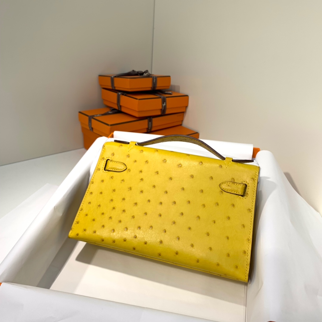 爱马仕迷你凯莉包价格 Hermes Minikelly22CM 琥珀黄进口鸵鸟皮 金扣