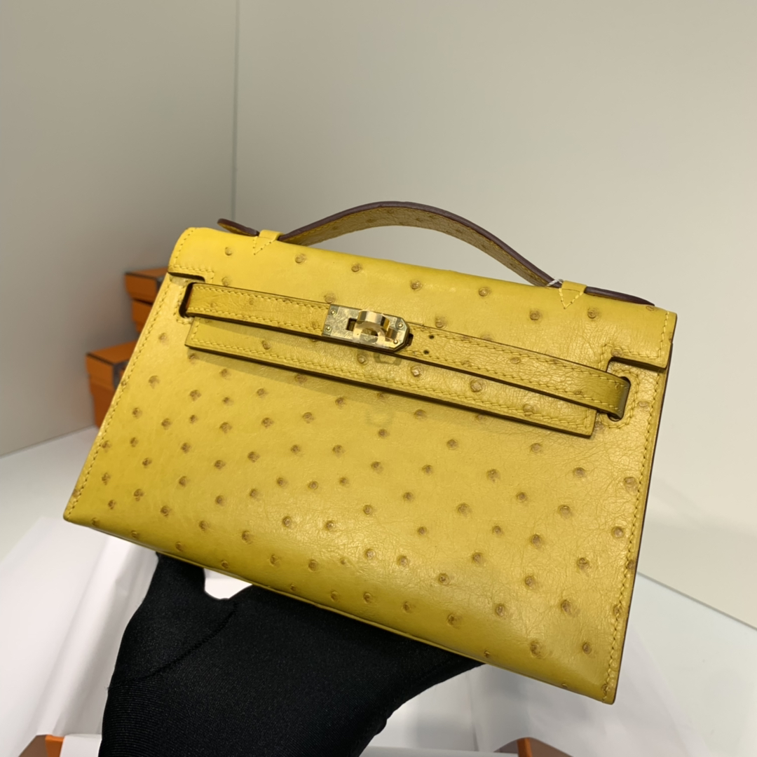 爱马仕迷你凯莉包价格 Hermes Minikelly22CM 琥珀黄进口鸵鸟皮 金扣