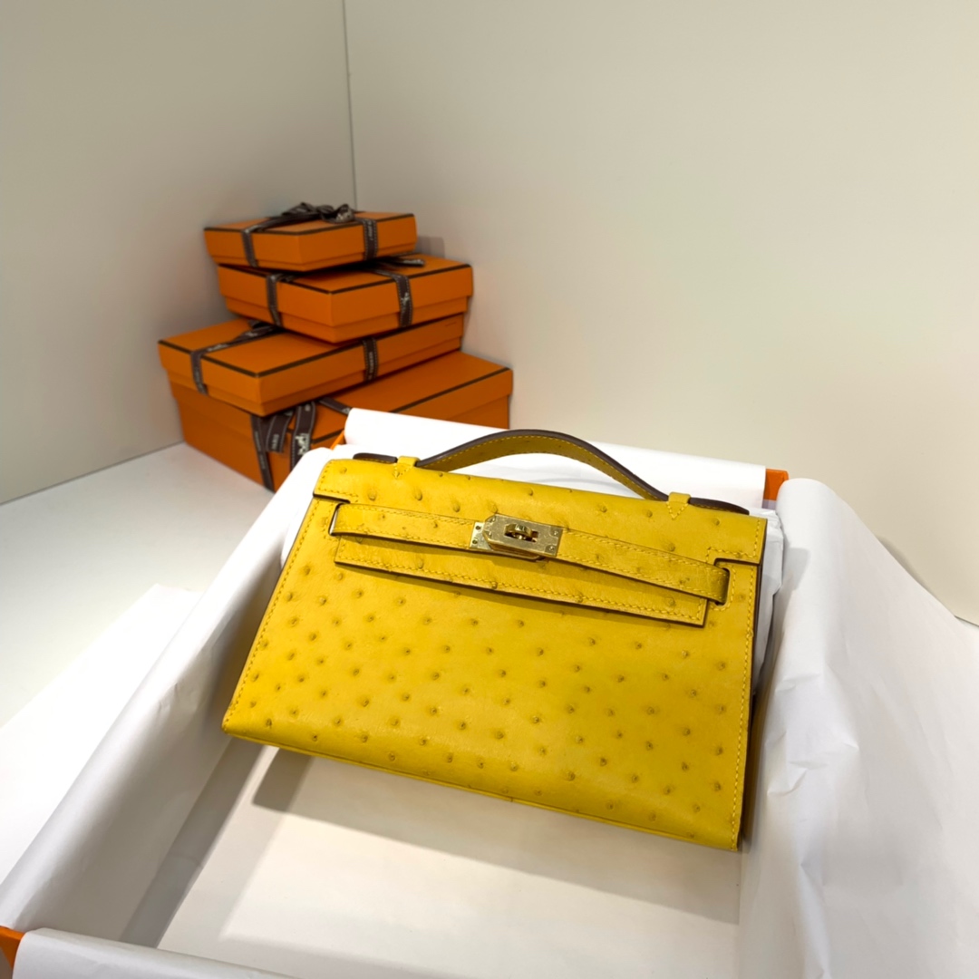 Hermes Minikelly Pochette22CM 爱马仕琥珀黄顶级鸵鸟皮迷你凯莉包 金扣
