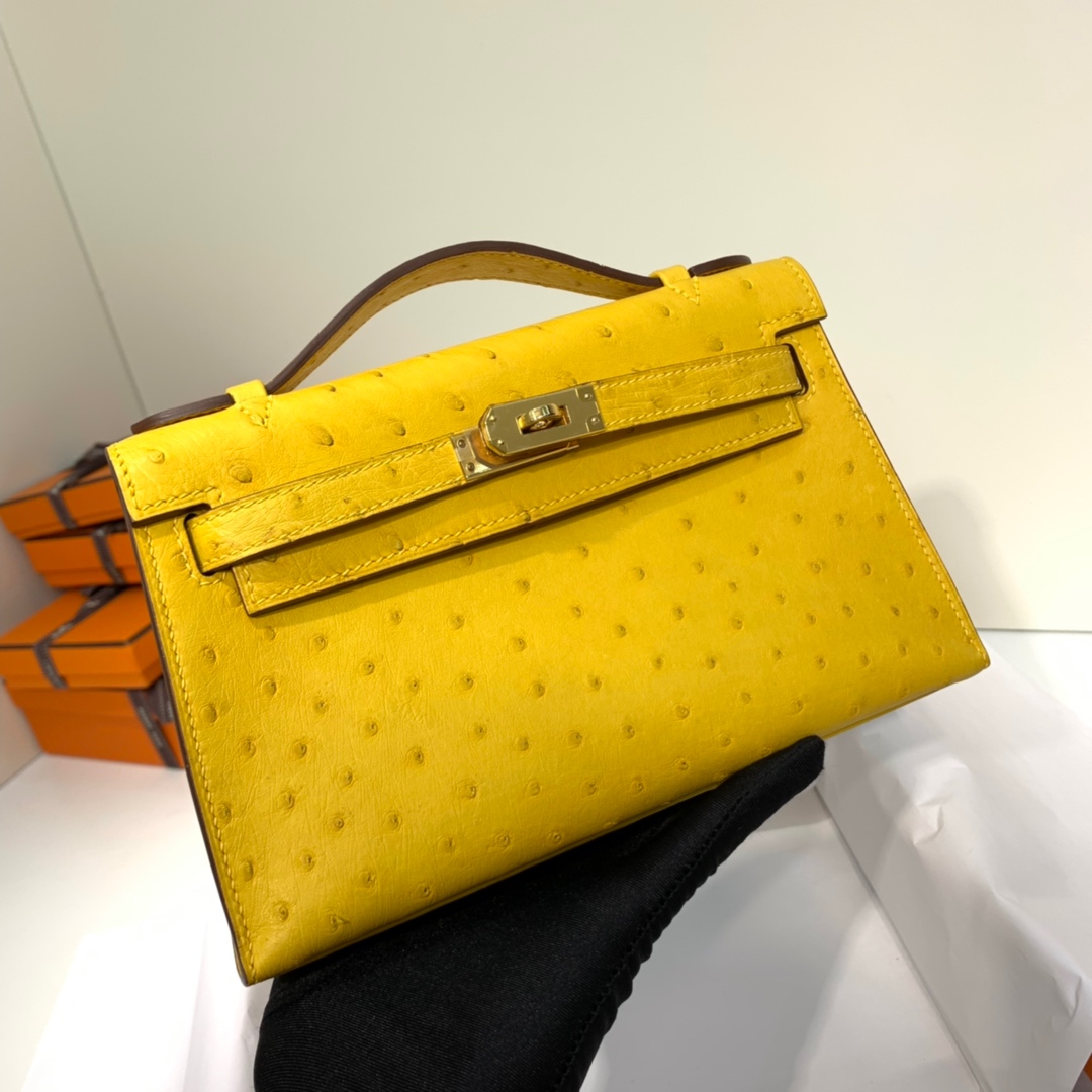 Hermes Minikelly Pochette22CM 爱马仕琥珀黄顶级鸵鸟皮迷你凯莉包 金扣