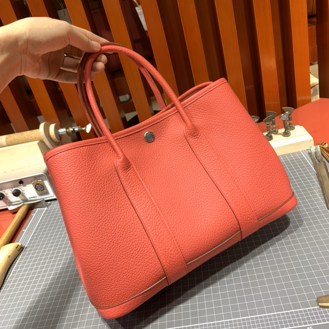 现货 爱马仕手提包 Hermes Garden Party30CM 唇膏粉Country皮花园包 银扣
