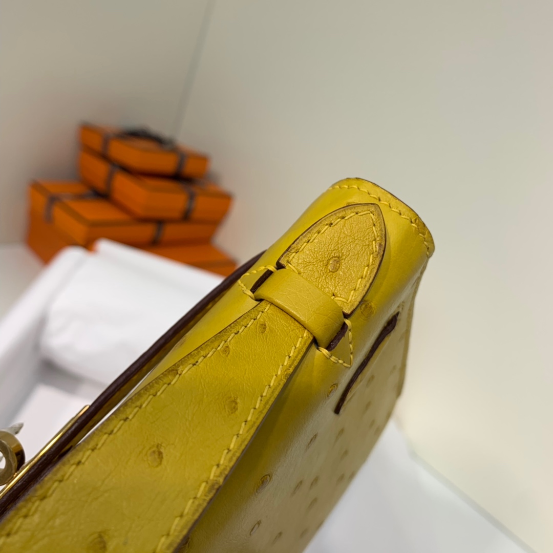 爱马仕迷你凯莉包价格 Hermes Minikelly22CM 琥珀黄进口鸵鸟皮 金扣