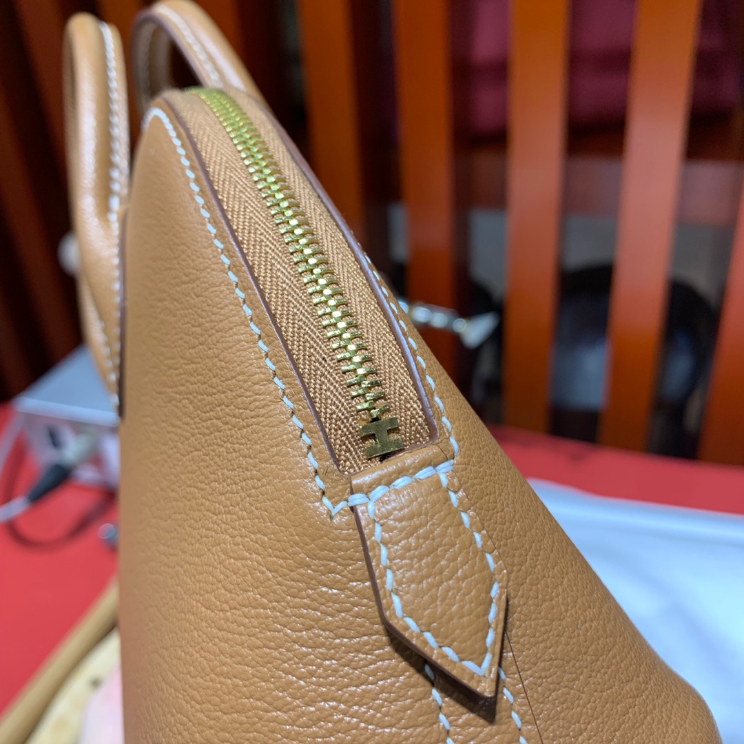 Hermes包包官网 爱马仕土黄色进口山羊皮Mini Bolide迷你保龄球包18CM 金扣