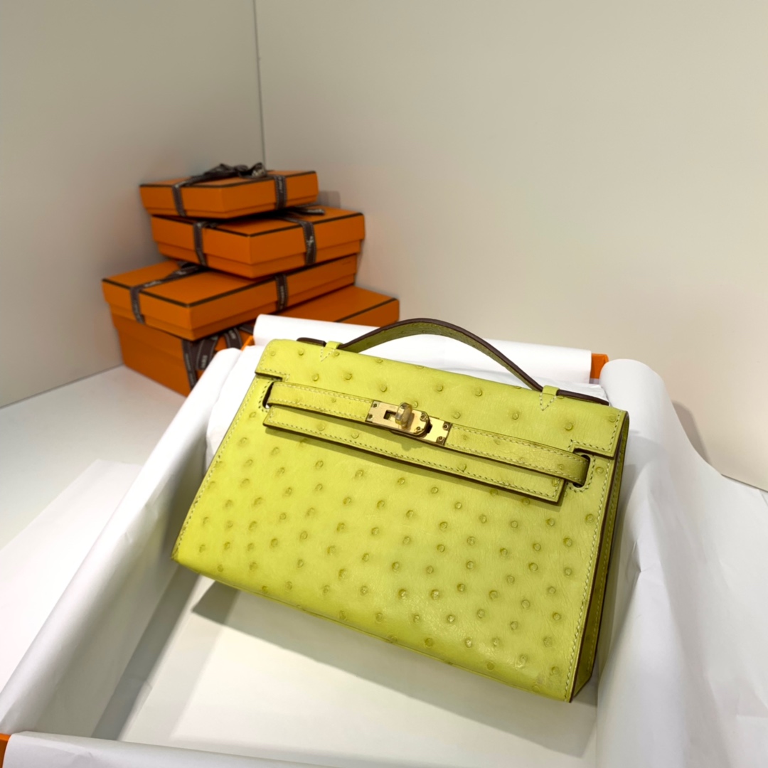 现货 爱马仕迷你凯莉包 Hermes Minikelly Pochette22CM 柠檬黄鸵鸟皮 金扣