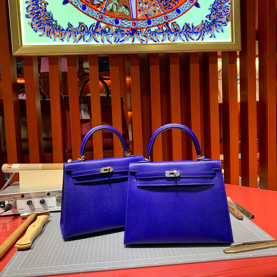 现货 Hermes Kelly25CM 爱马仕电光蓝掌纹牛皮凯莉包 金银扣