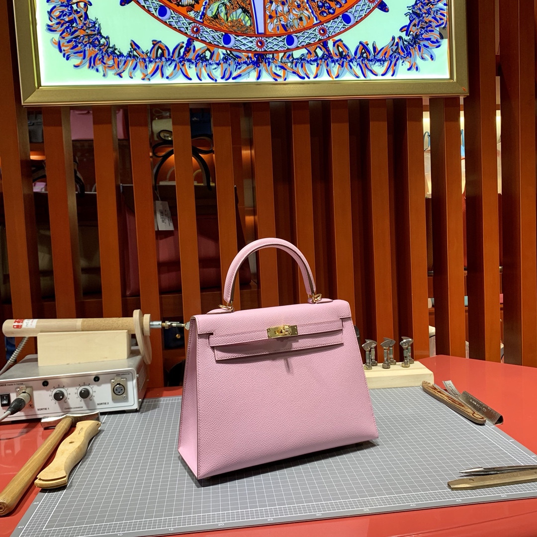 现货 爱马仕Kelly包包25CM Hermes锦葵紫Epsom皮凯莉包外缝 金扣